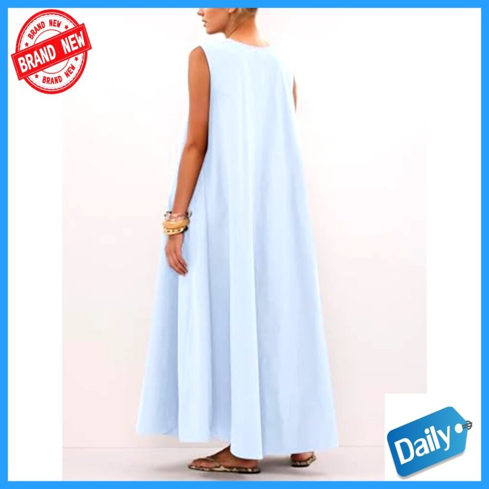 Cotton Maxi Dress Scoop Neck Ruched Side Pockets Swing Sundress - Picture 6 of 6